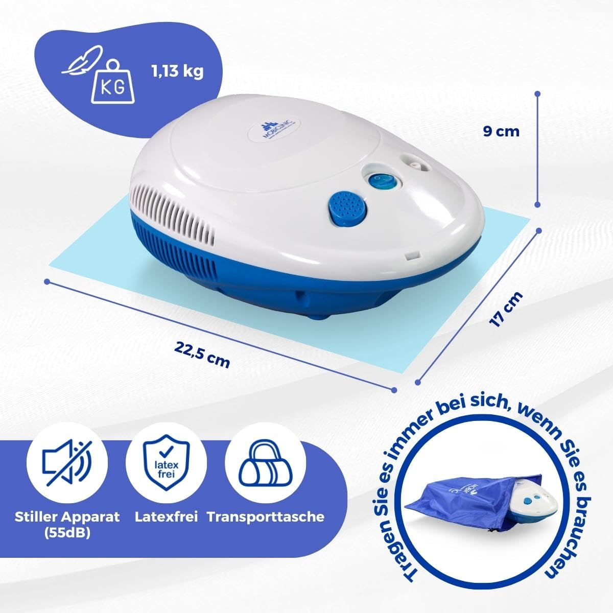 Mobiclinic®, Kompressor-nebulizer, Neb-1, Tragbar, Für kinder und erwachsene, Transporttasche, Mini, Behandlung von atemwegserkrankungen, Masken in verschiedenen größen, 5 luftfilter