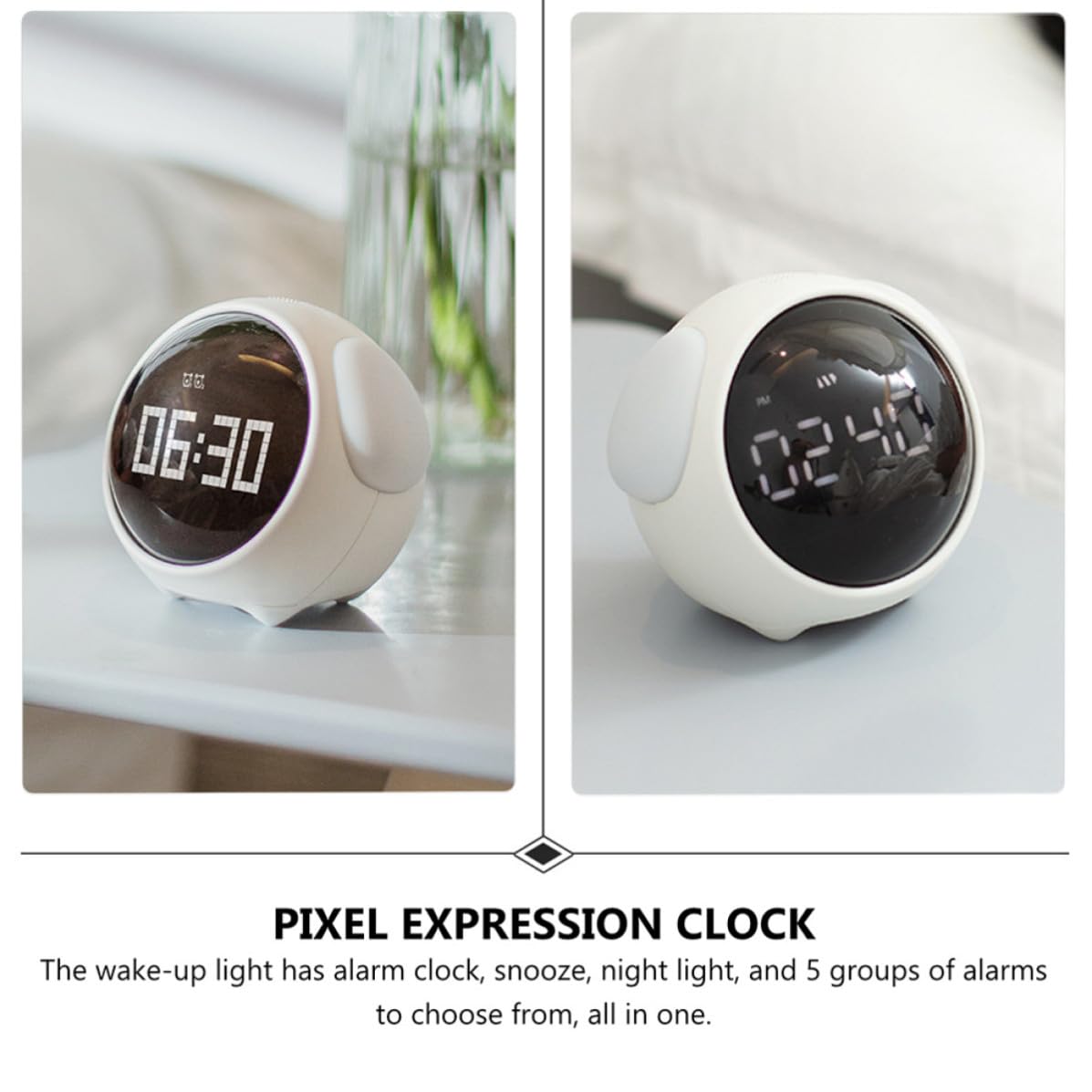 Reloj Despertador Digital Infantil Luz Nocturna Control por Voz y 5 Alarmas Grupo, Diseño LED de Expresiones, Material Abs y Silicona, Batería 1500mah