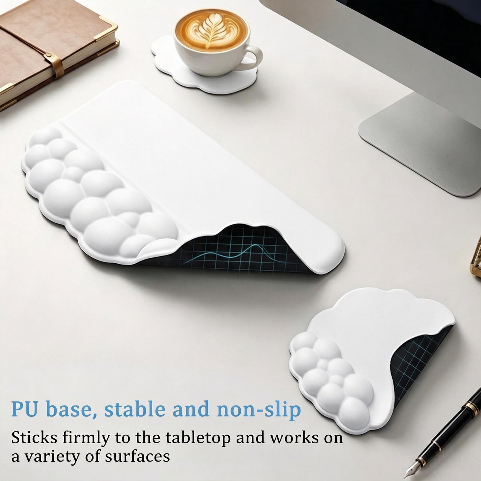 Cloud Tastatur-Handgelenkauflage mit abgeschrägtem Tastatur-Pad, ergonomisches 3-in-1-Mauspad mit Handgelenkstütze und Untersetzer, rutschfestes Schreibtischmatten-Set aus Memory-Schaum für