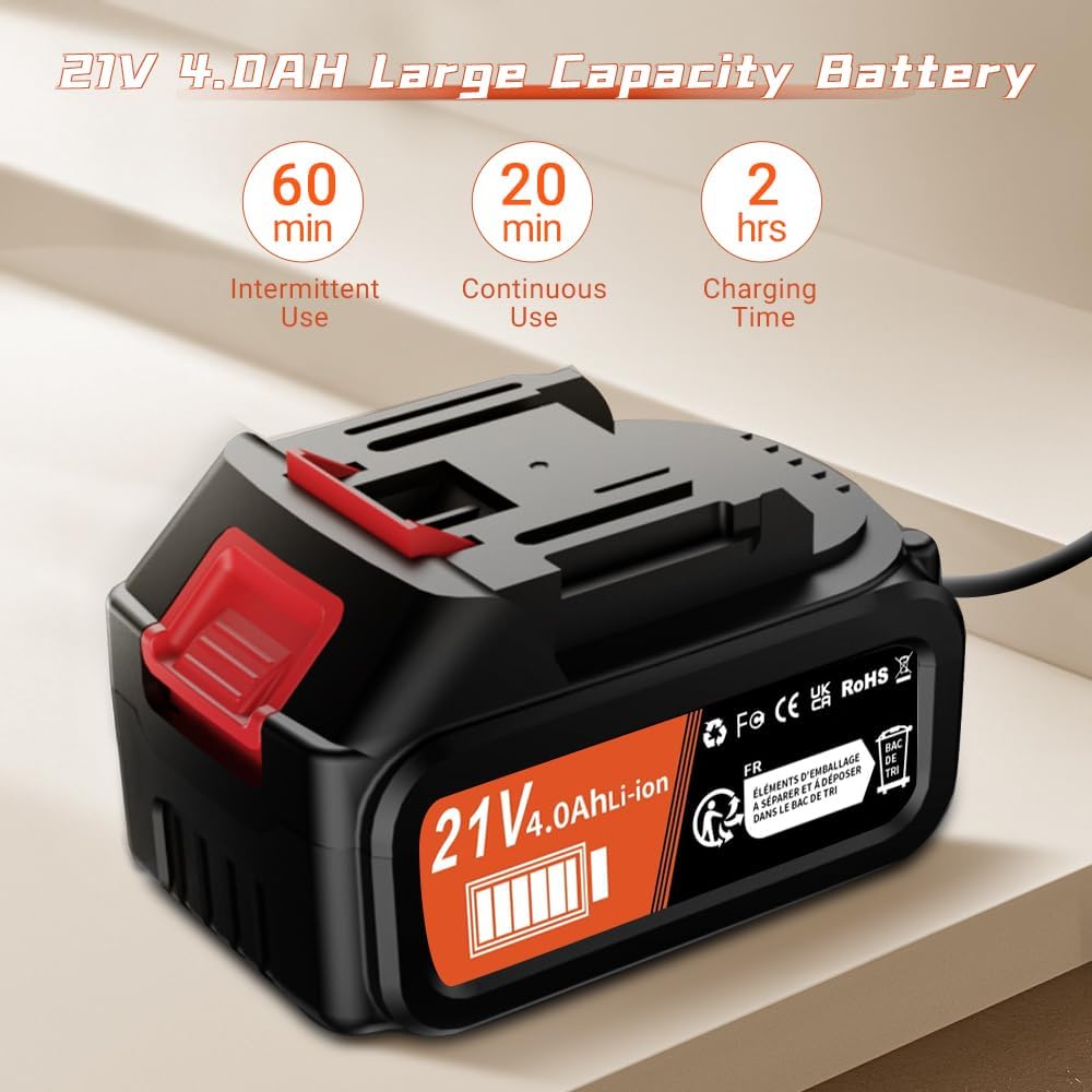 Nettoyeur Haute Pression sans Fil 21V, 2 * 4000mAh Nettoyeur Haute Pression sur Batterie Portable, Buse Multifonction 6 en 1, Tuyau 5M, Pistolet de Lavage Haute Pression pour Voitures et Balcons