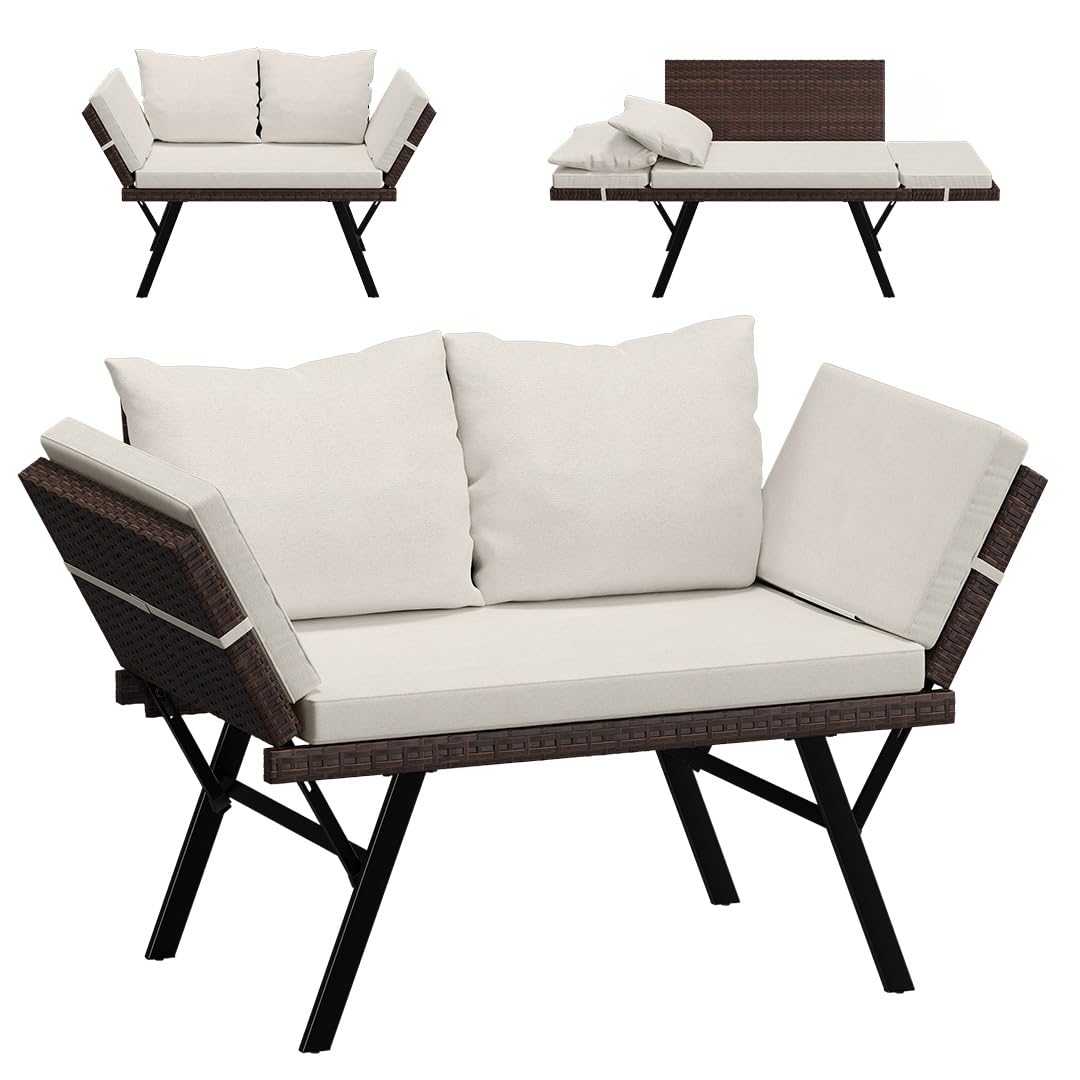 STEELSØN Elytra Gartenbank mit Auflagen & Kissen – klappbares Loungesofa beige – Rattan Sonnenliege wetterfest – Terrassen Sitzbank Liegefunktion bis 177 cm – Gartencouch mit verstellbaren Armlehnen