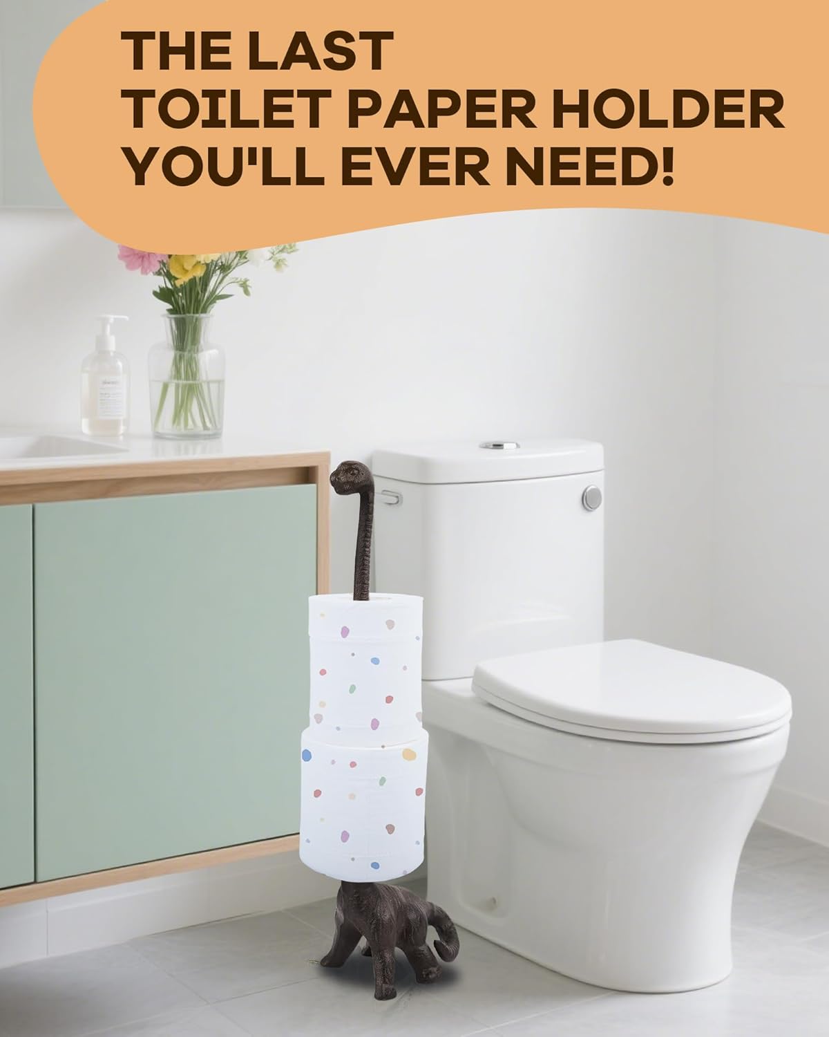 15" Dinosaur Paper Towel Holder for Bathroom & Kitchen - Cast Iron Free Standing Paper Roll Holder, Compact Decorative Toilet Paper Stand with Weighted Base (Brown)
