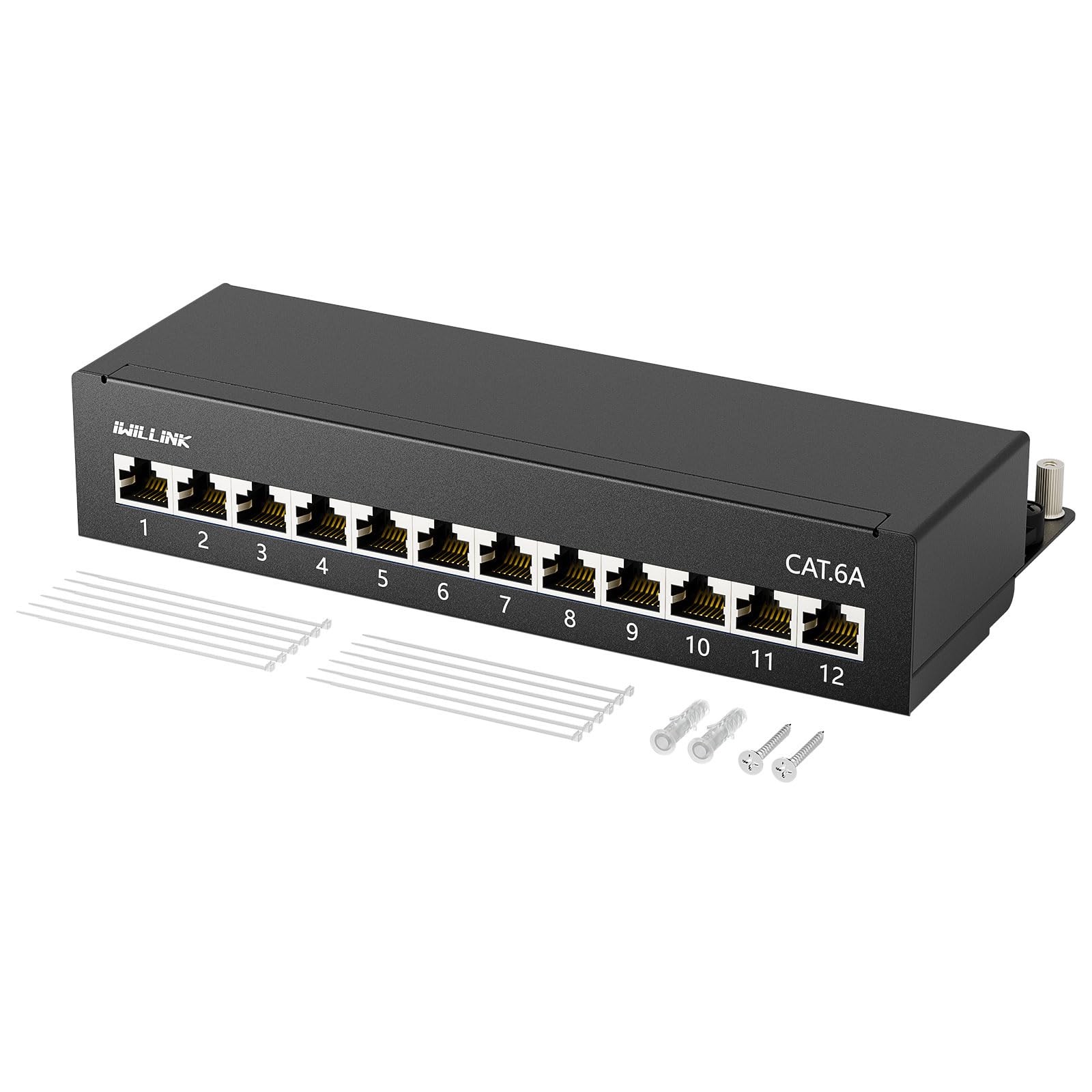iwillink Panneau de raccordement CAT6a 12 ports blindé RJ45 femelle LSA panneau de distribution | 10 pouces Montage en rack Panneau de brassage de bureau Noir
