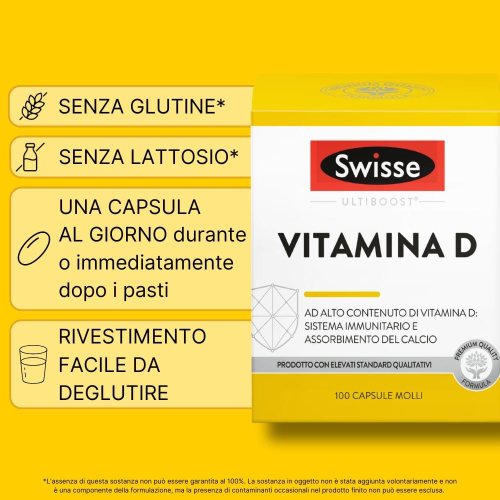 SWISSE Ultiboost- Vitamina D 2000 UI, Integratore Difese Immunitarie Adulti, Integratori Alimentari Donna e Uomo con vitamina D3 per Mantenimento Ossa e Denti Sani, Made in Italy, 100 Capsule Molli