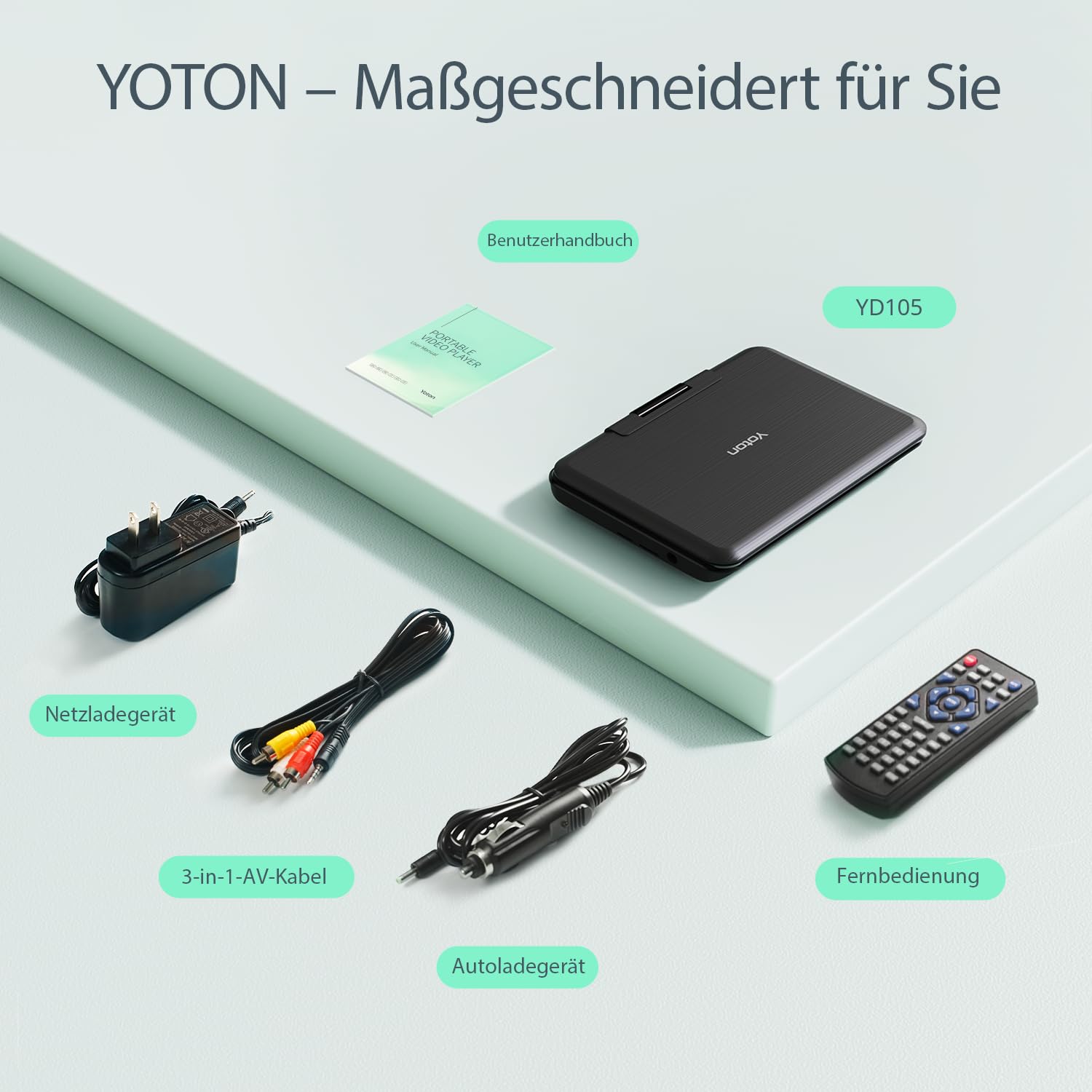 YOTON 12,5-Zoll Tragbarer DVD-Player mit 10,5-Zoll HD-Drehbildschirm, ideal fürs Auto, inkl. Autoladegerät, Netzteil, Akku, unterstützt USB/SD-Karte/TV-Sync [Kein Blu-ray]