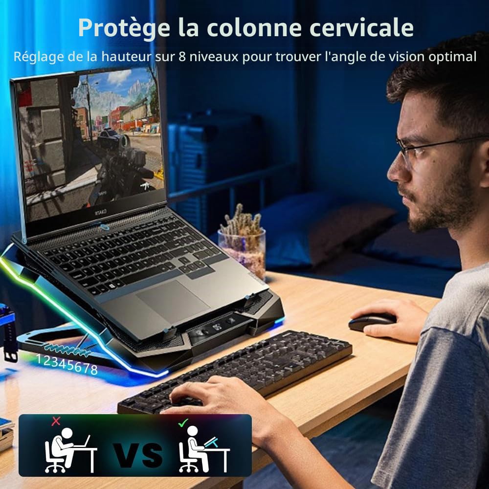 G-Story RGB Wind Refroidisseur PC Portable Ventilateur Ordinateur Portable 12-18" 10 Ventilateurs Silencieux 8 Hauteurs Réglables USB