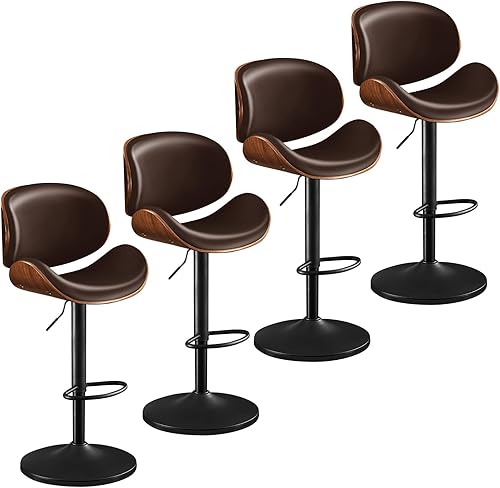 Miniatura 18 de Furniliving Juego de 2 taburetes de bar con respaldo, modernos taburetes de cocina cuadrados de piel sintética con reposabrazos, taburetes de bar