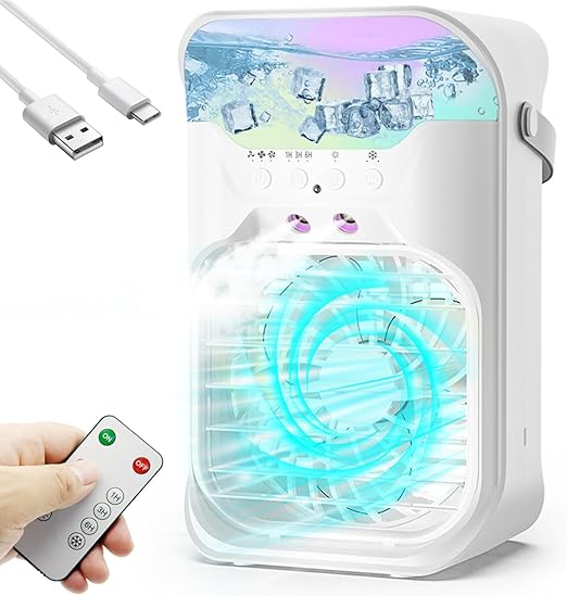 IWENNUAN Portable Air Conditioners, 4 in 1 Portable AC Unit with Remote, 1500ml Water Tank, 3 Speeds, 6H Timer, 2 Spray Mist, 7 Night Light, Personal Mini Air Conditioner for Bedroom, Office, Home