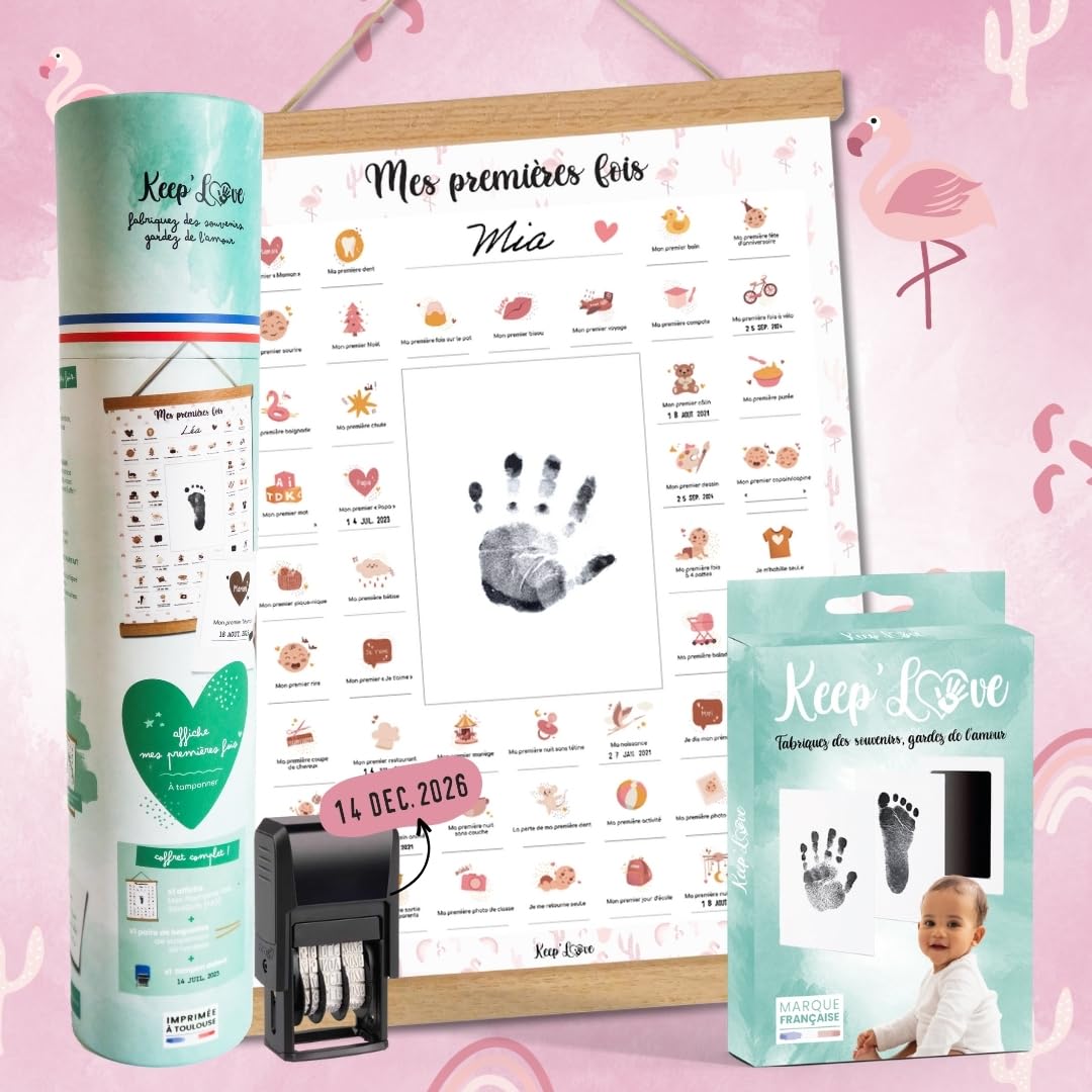 Affiche "Mes Premières Fois" à Tamponner, Cadeau de Naissance Bébé, Souvenir, Decoration Chambre Bebe, Baguettes, Kit Empreinte Bébé, Cadeau Jeune Maman, Grand Format A3 (Modèle FLAMANT ROSE)