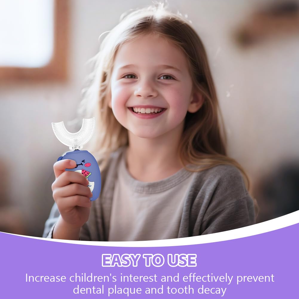 Vicloon Cepillo de dientes Eléctrico para Niños, Ultrasónico Limpieza Automática Cepillos Forma de U, con 2 Cabezales Silicona, 360º 3 Velocidades Limpieza Profunda de Dientes de Leche 2-6 Años Azul