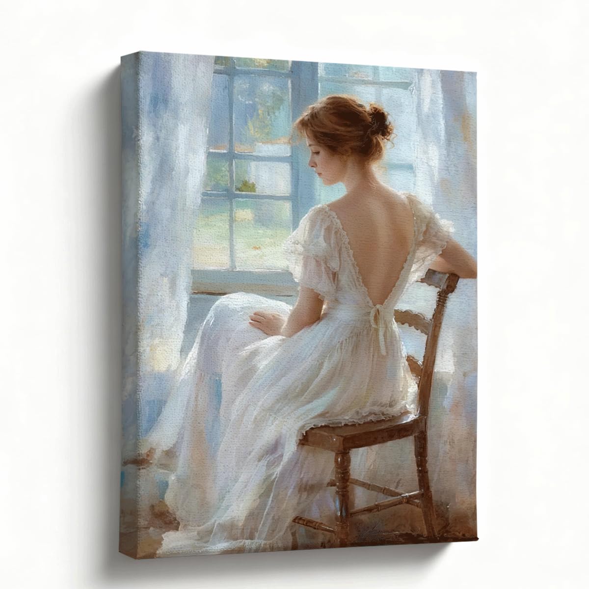 Canvas Wall Art, Oil Painting Style Woman in White Dress Sitting by Window, Soft Vintage Figure Wall Decor for Living Room Bedroom Home Decor, 8x10 Inches
