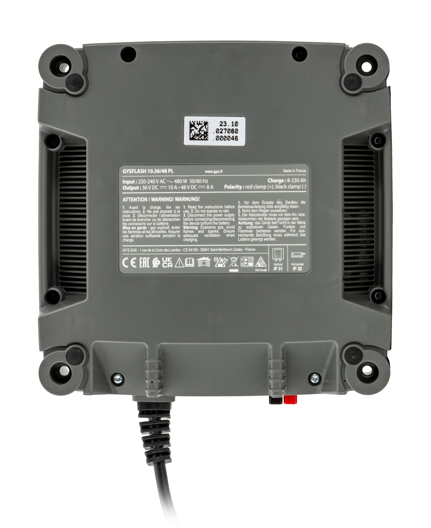GYS, GYSFLASH 10.36/48 PL, Chargeur de Batterie Intelligent Plomb & Lithium (LiFePO4, Li-ION), 8A/10A, Véhicules 36V/48V (Vélo électrique, Voiturette Golf), Maintien de Charge Sécurisé, Désulfatation