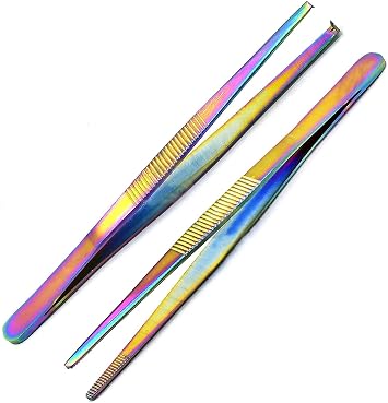 Lot Of 2 Pcs Stainless Steel Tweezers, Thumb Tissue Forceps, 1x2 & Thumb Dressing Forceps, Serrated Multi Titanium Color Rainbow by G.S Online Store
