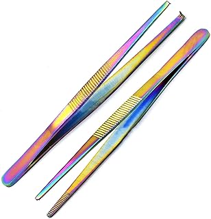 Lot Of 2 Pcs Stainless Steel Tweezers, Thumb Tissue Forceps, 1x2 & Thumb Dressing Forceps, Serrated Multi Titanium Color Rainbow by G.S Online Store