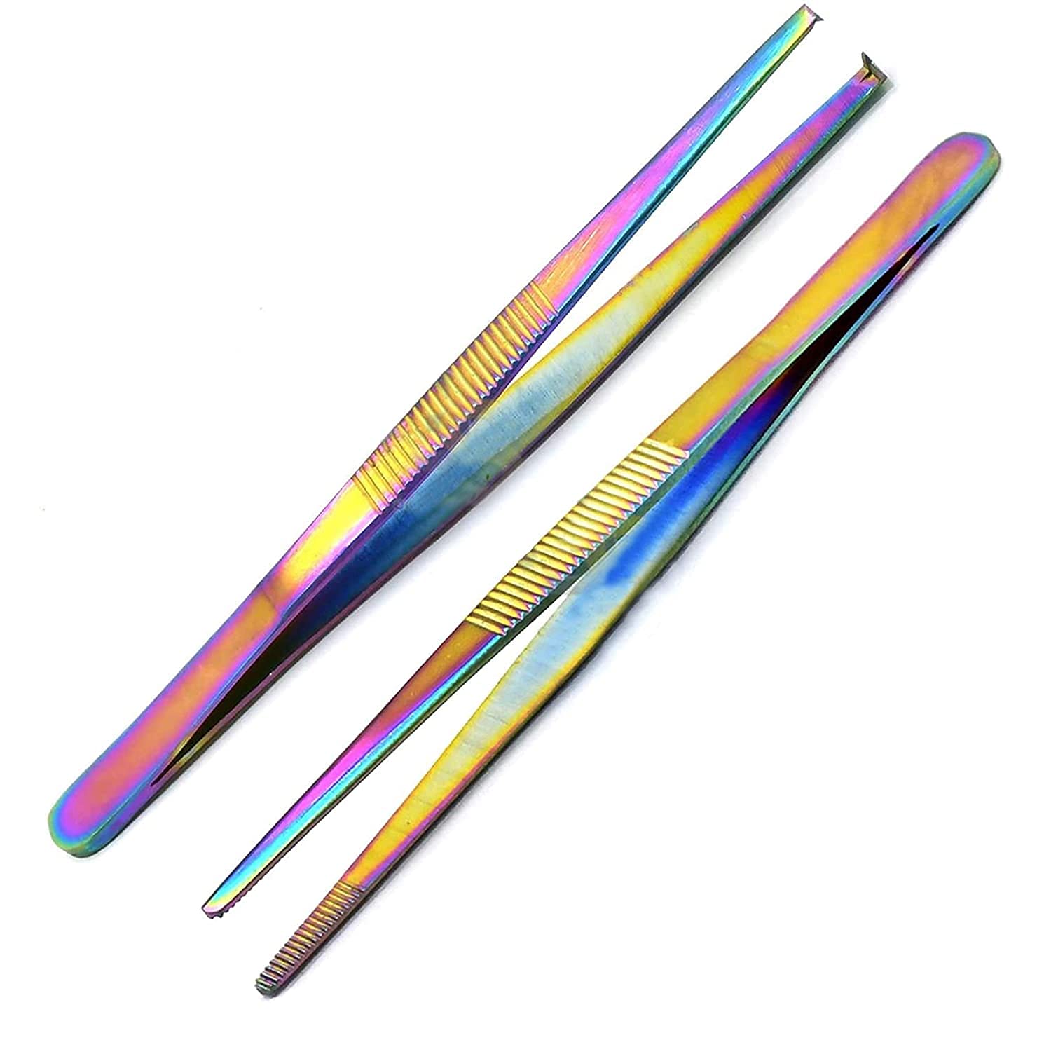 Lot Of 2 Pcs Stainless Steel Tweezers, Thumb Tissue Forceps, 1x2 & Thumb Dressing Forceps, Serrated Multi Titanium Color Rainbow by G.S Online Store