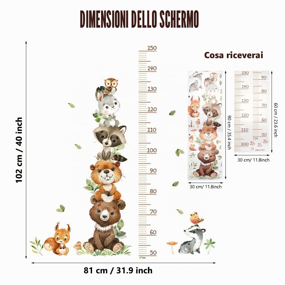 Bambini Parete Adesivo 50-150 cm Adesivo Murale Autoadesivo Animali Foresta Tabella Altezza