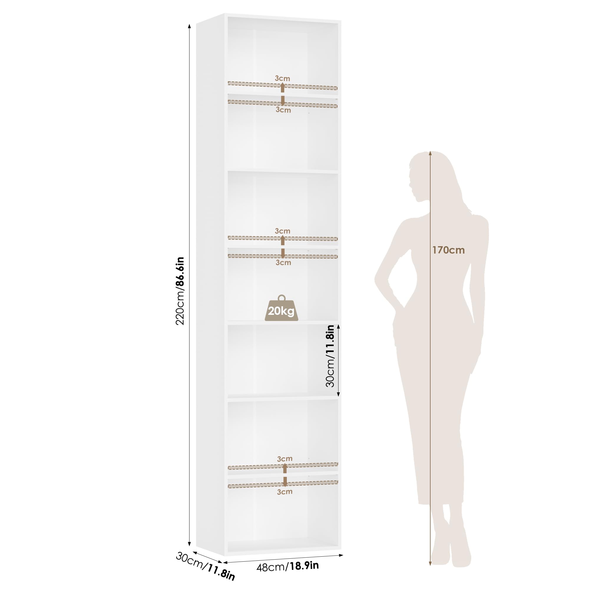 FirFurd 220 cm Libreria Profonda 30 cm, Libreria da Parete a 7 Ripiani, Librerie con Ripiani Regolabili, Scaffale Salvaspazio, per Studio, Soggiorno, Ufficio, Cucina, 48x30x220cm, Bianco