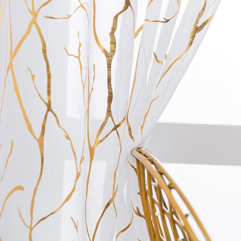 Kotile Gold White Sheer Curtains 95 Inches Long 2 Panels Metallic Gold Foil Tree Printed Shimmer Sheer Curtains Light Filtering Grommet Privacy Sheer Curtains for Living Room, 52 x 95 Inch, White Gold