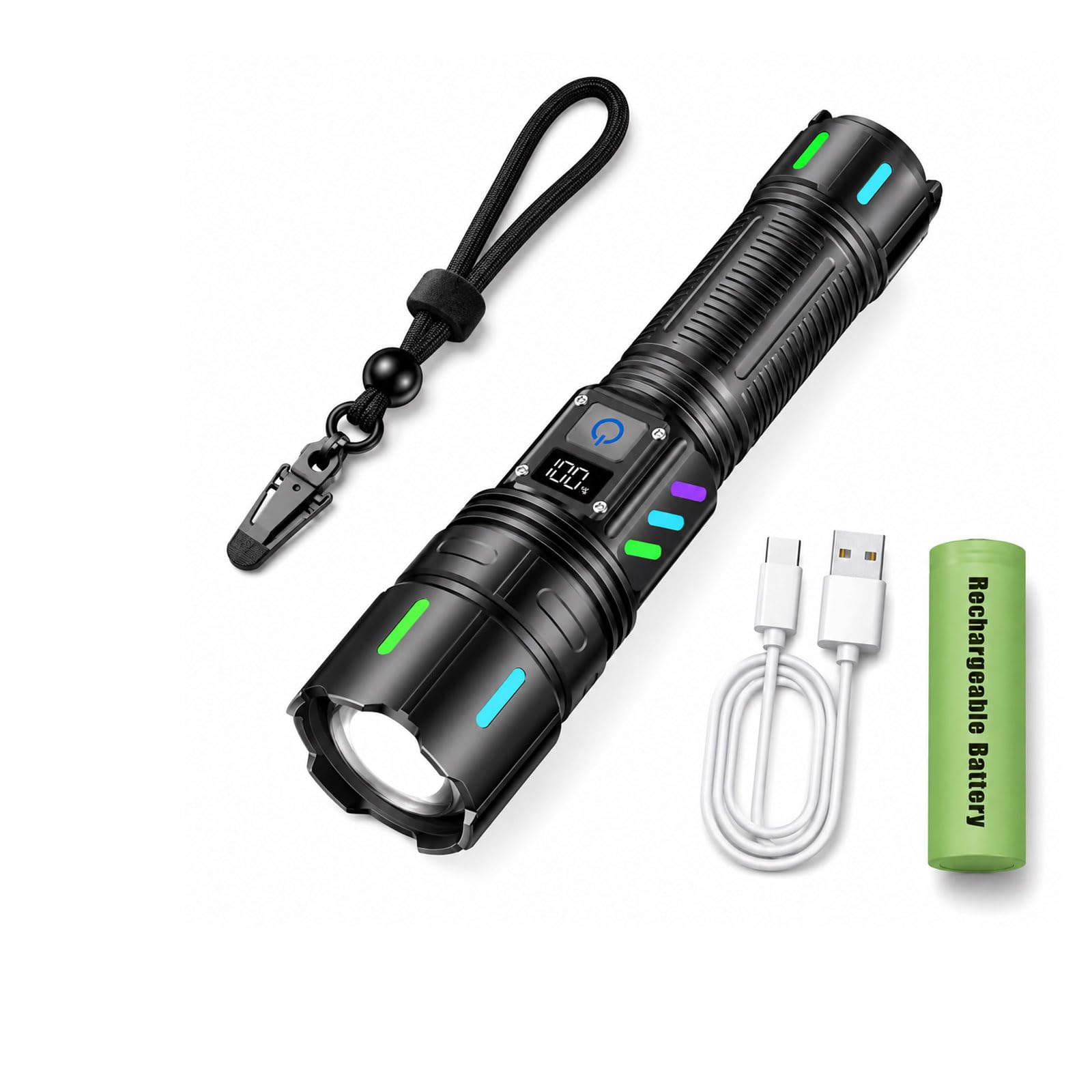 usb charging rechargeable flashlight with led light battery meter for emergency