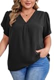 Women's Plus Size Casual Blouses Solid Business Work Tops Petal Short Sleeve V Neck Loose Fit T Shirt Summer Trendy 2025