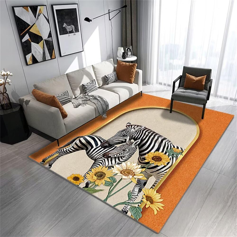 Tapis zebra minimaliste orange 170x240cm lavable pour grand salon et chambre d'enfant