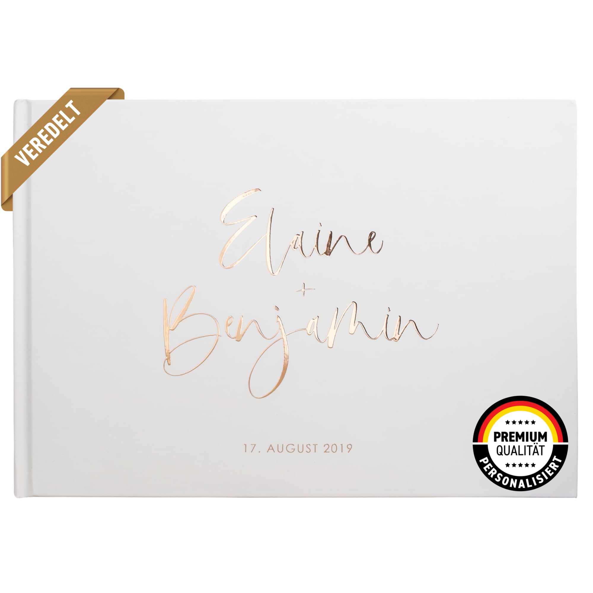 Deluxe Hochzeitsgästebuch | Gästebuch zur Hochzeit personalisiert | Veredelung in Gold, Rosé-Gold, Silber oder Kupfer | A4 quer | Beige, Inhalt blanko - weiße Seiten