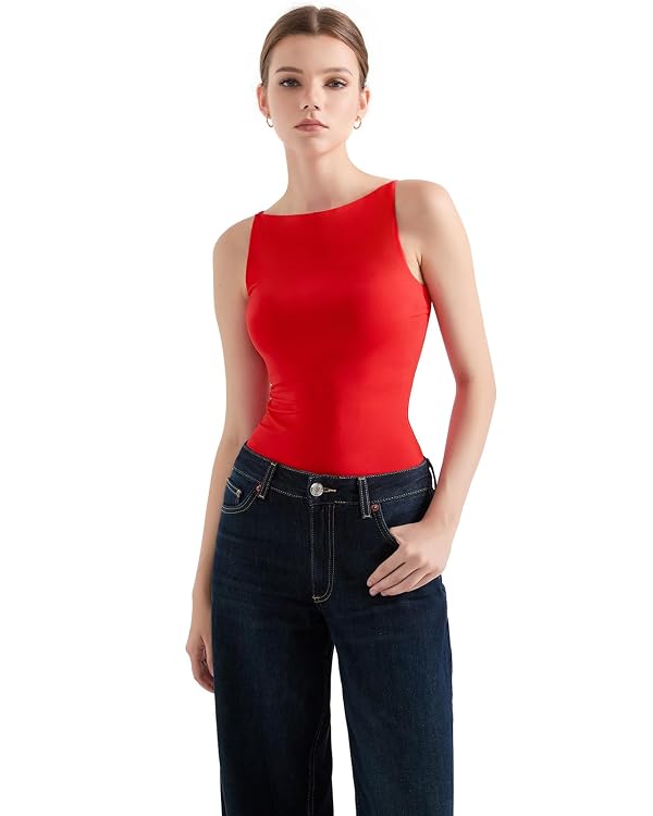 SUUKSESS Women Double Lined Boat Neck Tank Tops 2025 Y2K Going Out Basic Cami Shirts(Red, S) by SUUKSESS - Used condition - Image 2