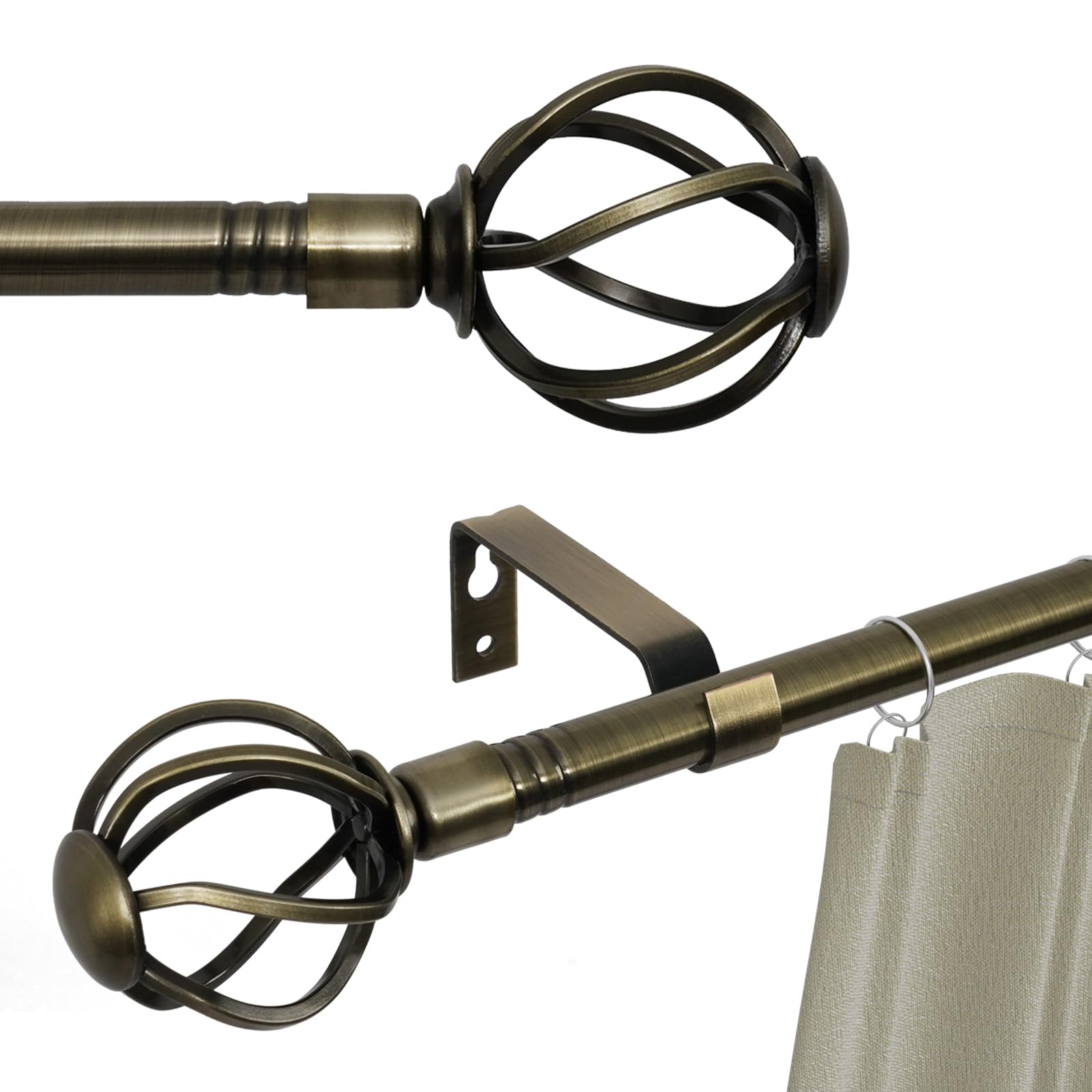 Bastone per tenda in ottone anticato da 122 a 223,5 cm, set con terminali intrecciati, resistente asta per tende con staffe, asta regolabile per tende per camera da letto, soggiorno, in ottone