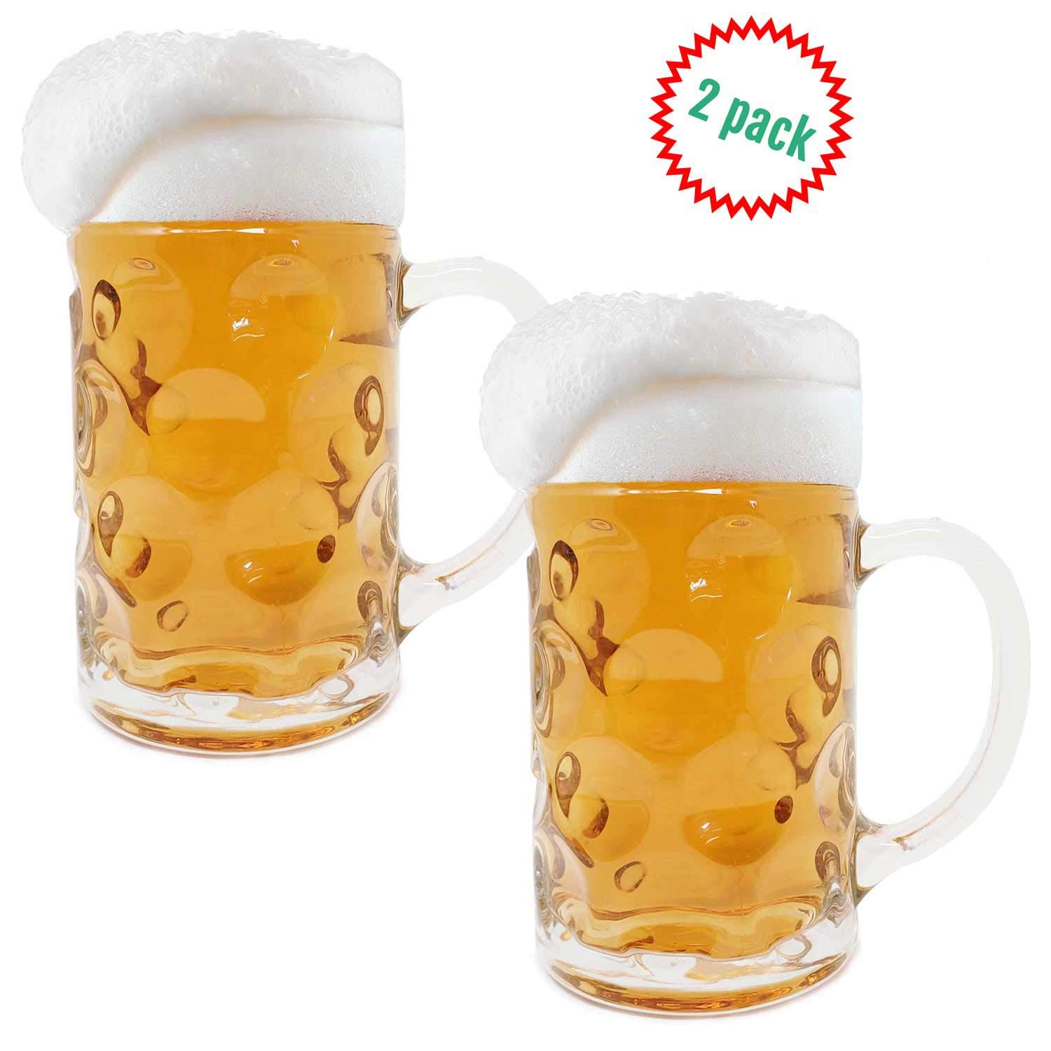 LavoHomeOne Liter German Style Extra Large Oktoberfest Dimpled Glass Beer Stein Mug - Jumbo 34oz (2 Pack)