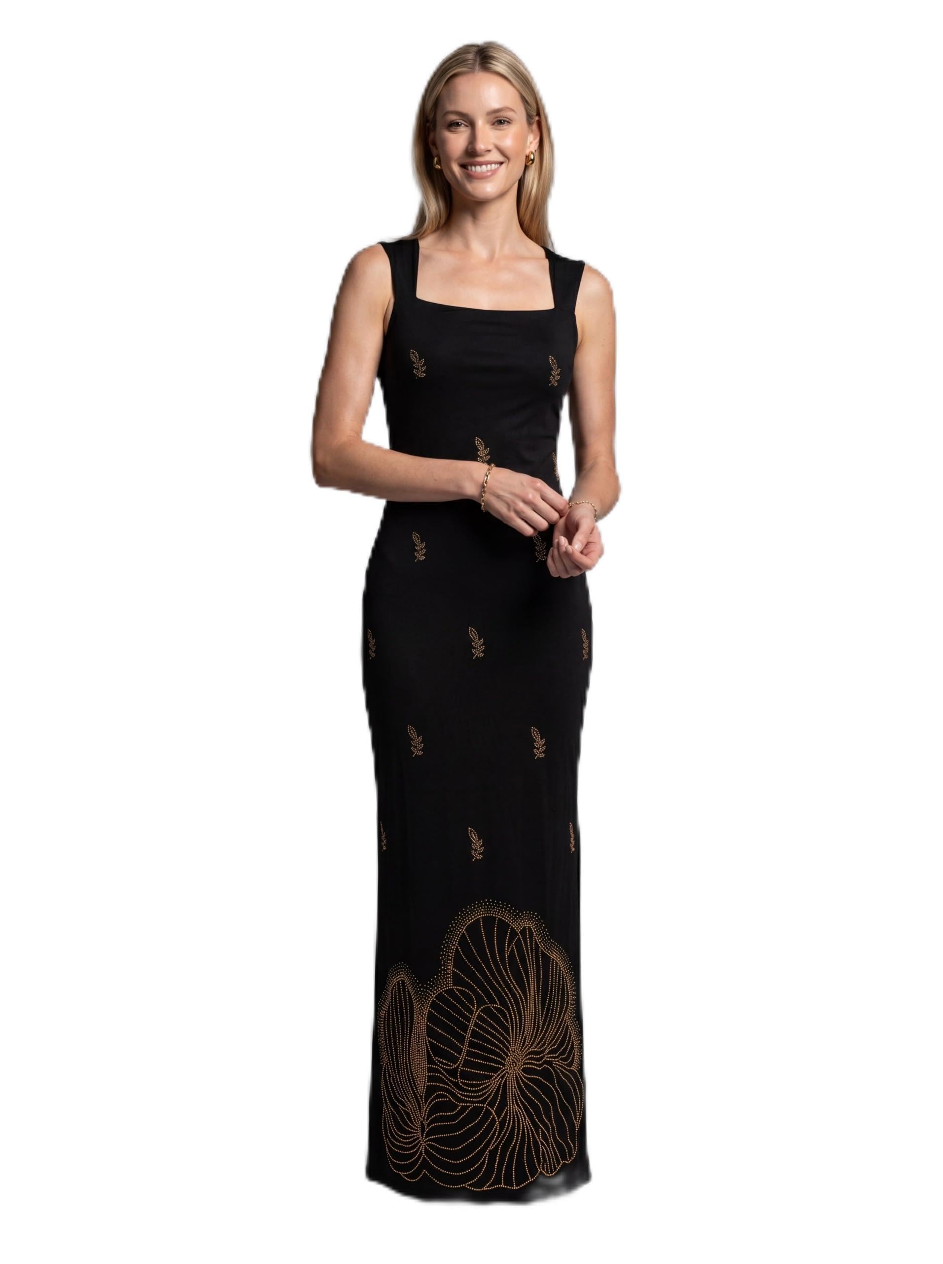 the style studio Women's Formal Black Maxi Dress with Gold Rhinestone Floral Design, Sleeveless Square Neck Evening Gown-picture-55
