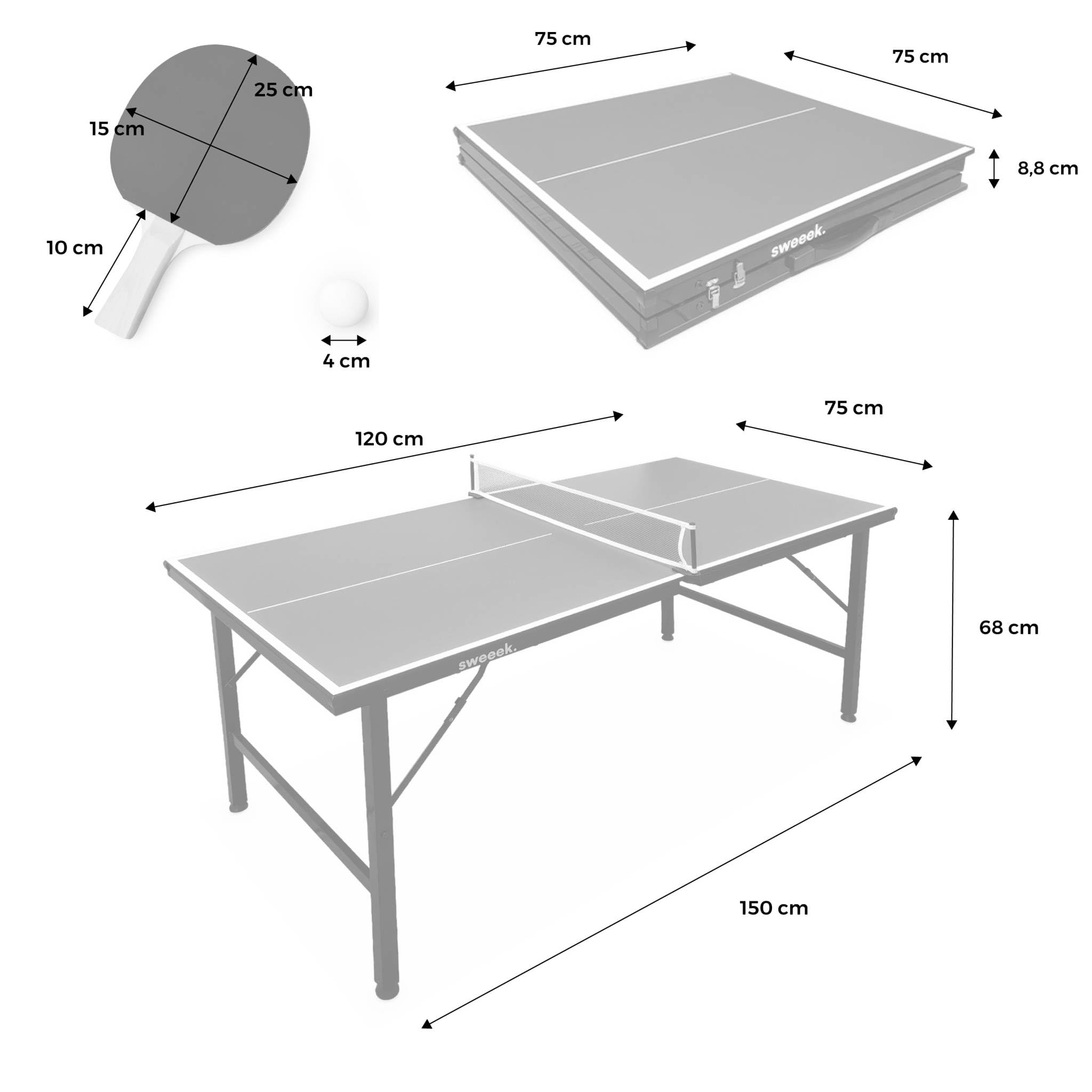 sweeek - Mini-Tischtennisplatte 150x75 cm Indoor, mit 4 Schlägern und 6 Bällen, für den Innenbereich