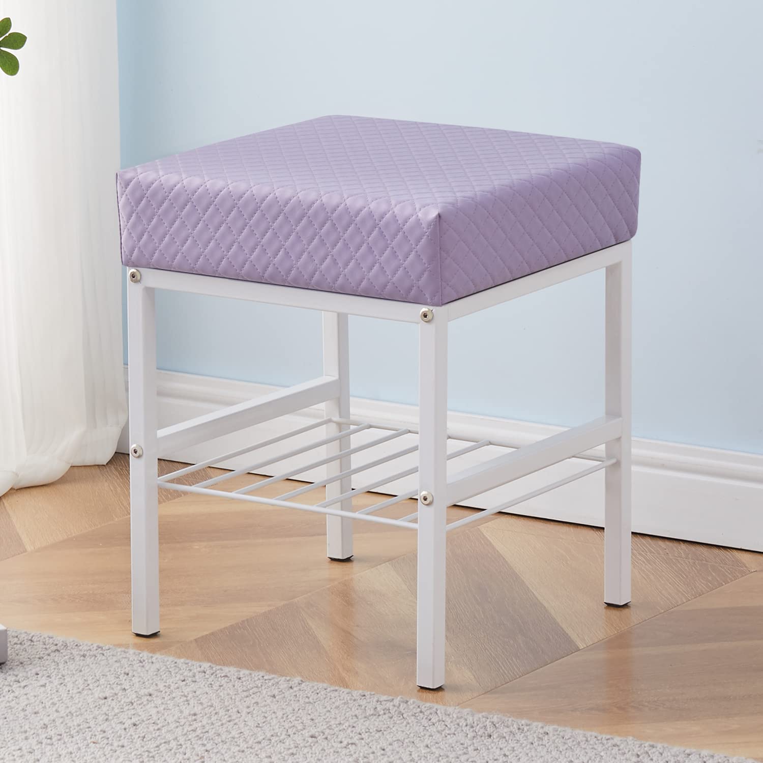 Cpintltr Vanity Stool Foot Stools Faux Leather Ottoman Stool Square Ottoman Bench Modern Dressing Stool Small Stool Side Table Footstool with Metal Leg Vanity Stool for Bathroom Living Room Purple