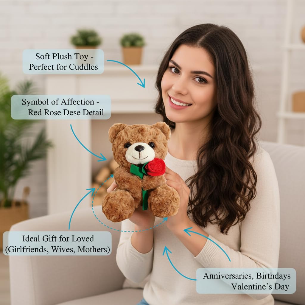 CBMZHF Plush Teddy Bear with Red Rose, Brown, Soft Cuddly, 30 cm Height, 17 cm Width, Romantic Gift, 30 Centimeters - Image 4