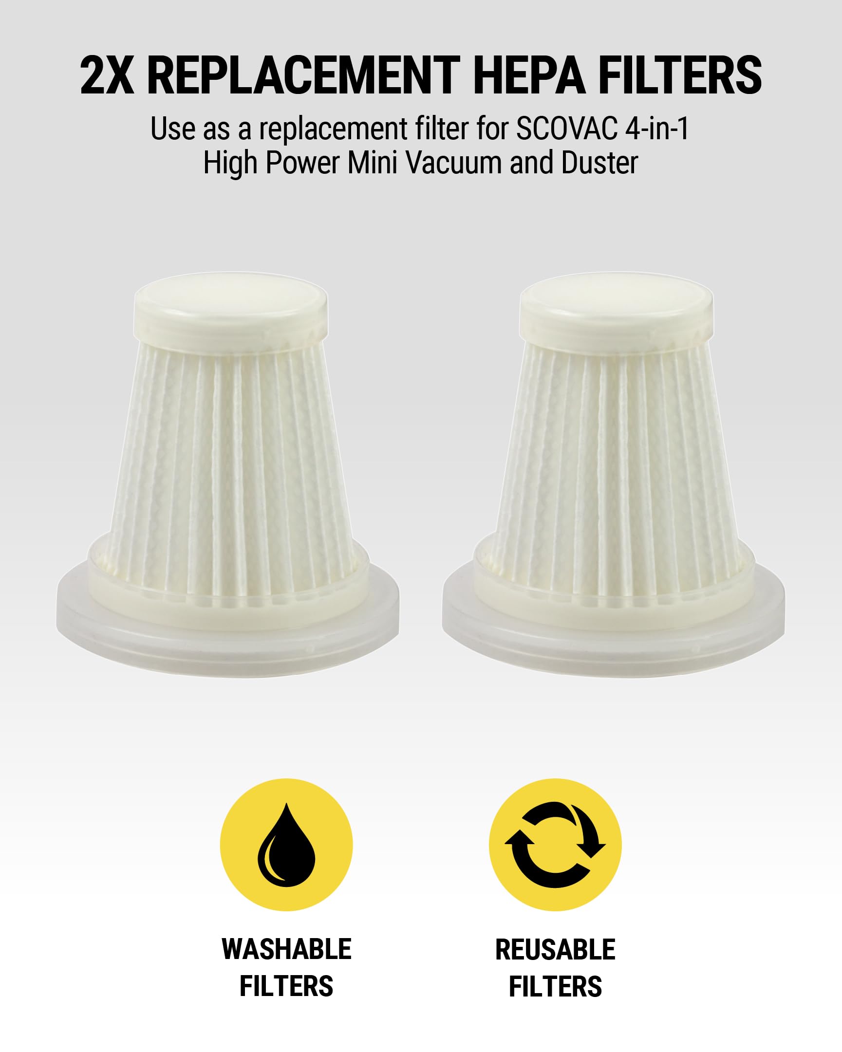 Scosche SCOVACRF 2 Pack Replacement Hand Vacuum Filters for Scosche SCOVAC Cordless Handheld Vacuum Cleaner for Pet Hair, Car, Home Carpet