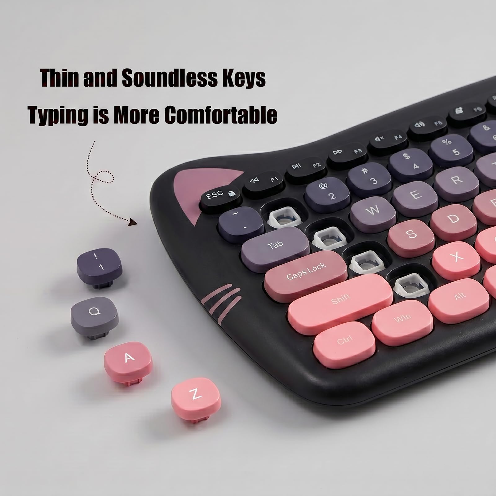 Cute Cat 2,4 G USB-Tastatur und Maus, kabellose Tastatur- und Maus-Kombination, leise Tasten, Bonbonfarben, kompatibel mit Notebook, PC (BlackPink-84Keys)