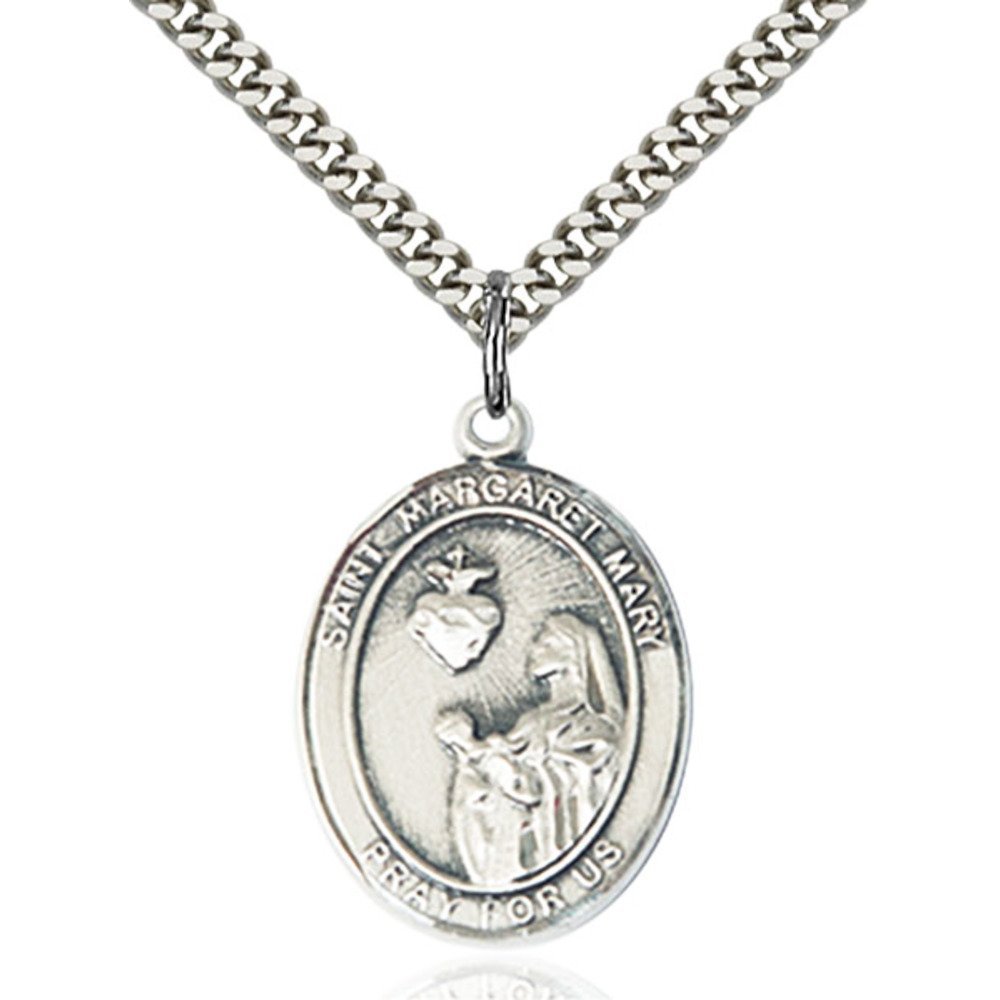 Bonyak Jewelry Saint Medal Collection Sterling Silver St. Margaret Mary Alacoque Pendant 1 x 3/4 inches with Heavy Curb Chain