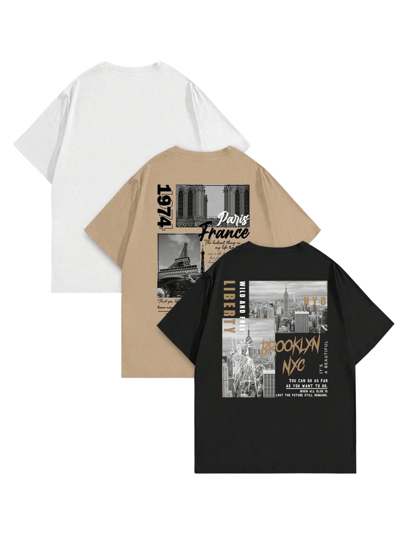 VIPWOLF Men's 3 Pack Y2K Graphic Casual Tees Short Sleeve T-Shirts Small Black White Khaki
