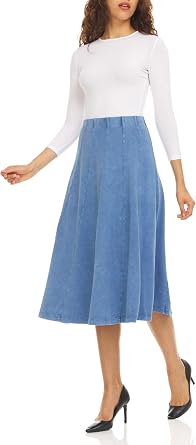 KIKI RIKI Stonewash Panel Midi Skirt with Elastic Waist for Womens/Teens 32 Inch Length