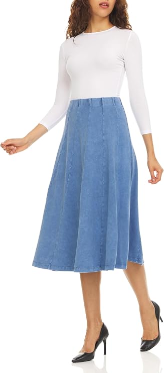 KIKI RIKI Stonewash Panel Midi Skirt with Elastic Waist for Womens/Teens 32 Inch Length