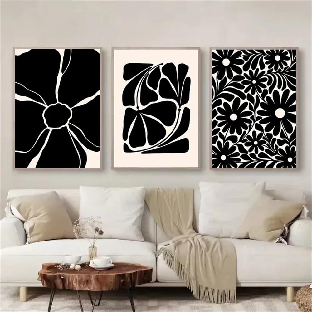 SOBMQ Poster-Abstract Vintage Black Leaves Flower Wall Art Posters Canvas Painting Bohemia Beige Print Pictures Modern Living Room Home Decor-60 * 70cm-3PCS (No Frame)