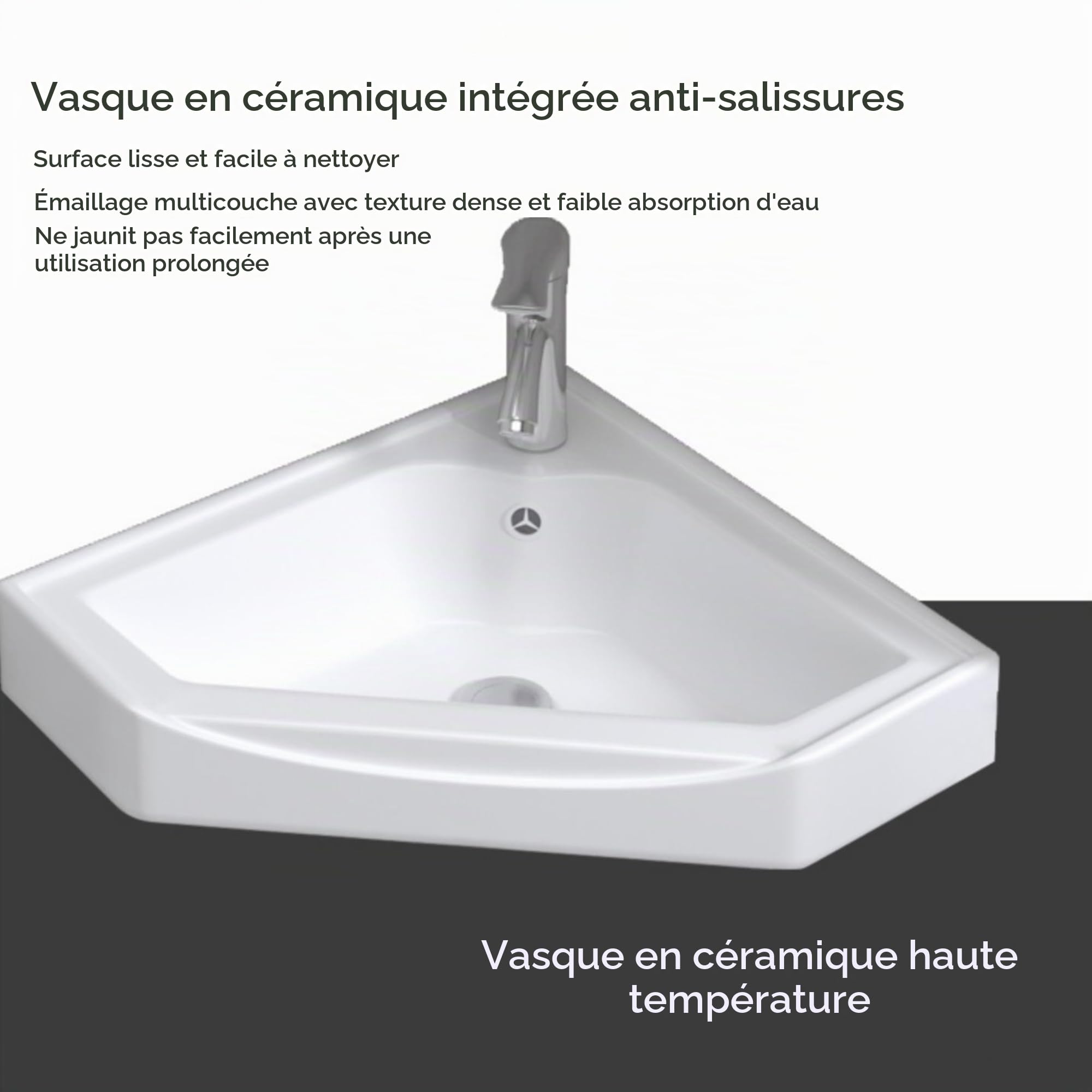 Ensemble Meuble Vasque Salle de Bain sous Lavabo Lave-Mains WC Suspendu Angle avec Robinet Adapté aux Petits Espace (26cm/10.23in)