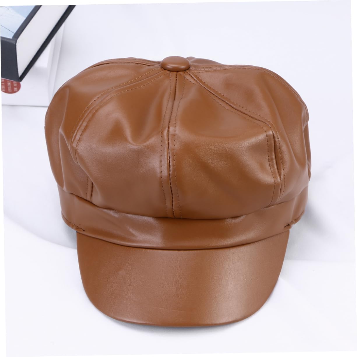 Fashion Pu Leather Retro Octagonal Beret Cap for Unisex Brown Comfortable Fit Easy to Clean for Artists and Daily Wear