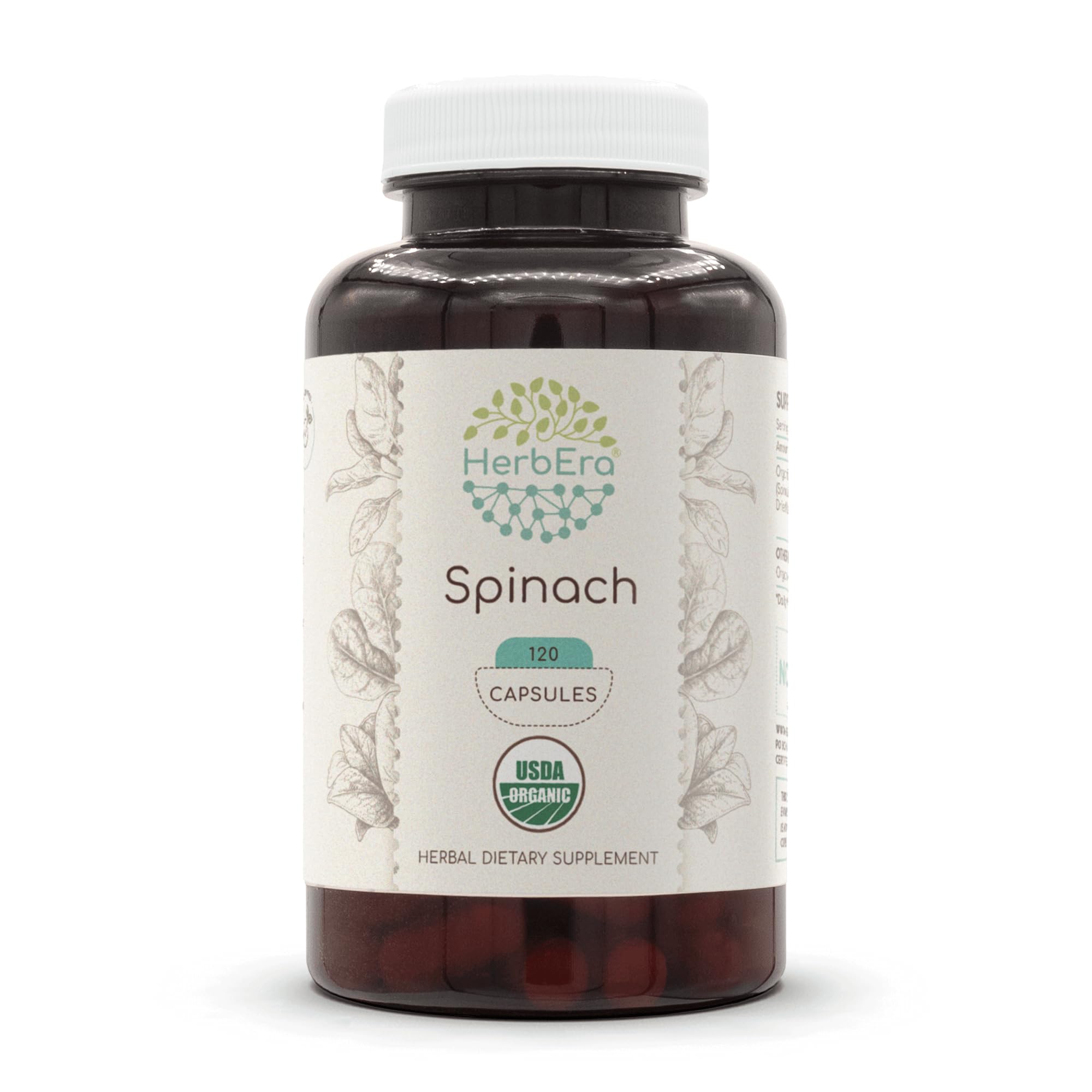 HerbEra Spinach 120 Capsules, 500 mg, USDA Organic Spinach (Spinacia oleracea) Dried Leaf (120 Capsules) 120 Count (Pack of 1)