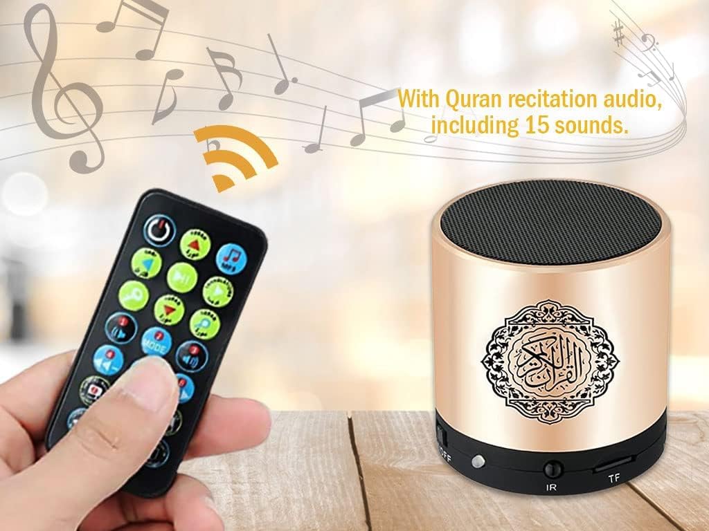 Portable Digital Quran Speaker,Bluetooth Speaker,with Remote Control,MP3 Player,USB Rechargeable,8GB Storage,18 Reciters,15 Translations,Arabic,English,French,Urdu & More (Gold)
