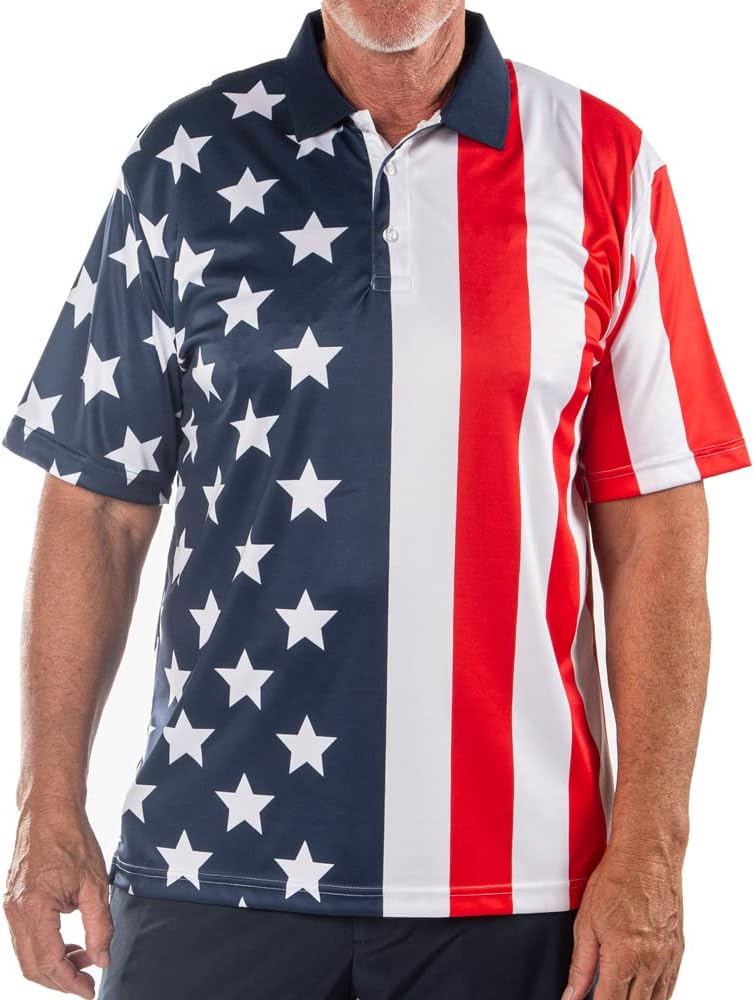 American SummerMen's Performance American Flag Polo Shirt | Pull-On Closure American Flag Golf Shirt | USA 4th of July Golf Shirts for Men