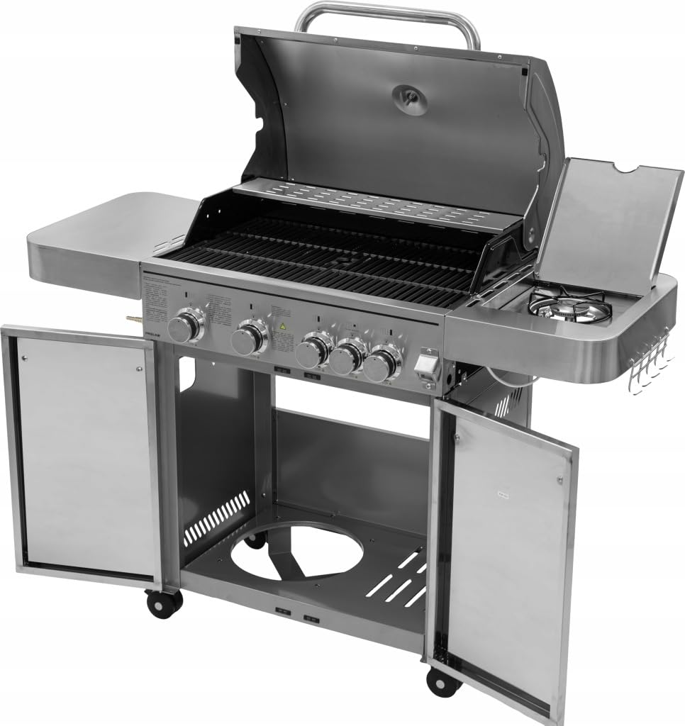 PROLINE Grill Gazowy Nierdzewny 4+1 17,15 kW – Grill Ogrodowy Premium z Rusztem Żeliwnym, Palnikiem Bocznym, Termometrem, Szafką na Butlę 11 kg, 74×44 cm, 48 kg, Zapłon Elektroniczny