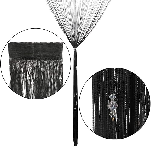 Miniatura 2 de WYSRJ - 2 cortinas de cuerda con cuentas negras, panel de pared, con flecos, divisor de habitación, cortina de borlas, cortina decorativa para