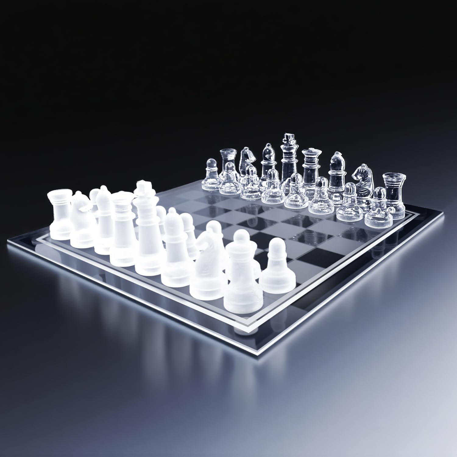 Set di scacchi in vetro fine – Scacchi in vetro massiccio e scacchiera a specchio in cristallo 25,4 x 25,4 cm, regalo per adolescenti e adulti, nero