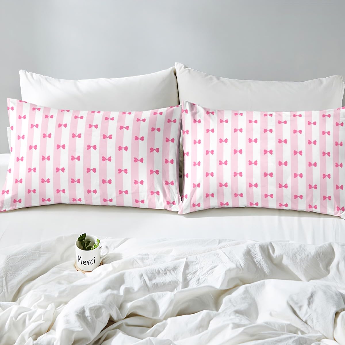 Loussiesd Set di biancheria da letto per bambini con fiocco rosa, per letto matrimoniale, lenzuola rosa con fiocco carino, decorazione per la stanza delle ragazze, lenzuola in stile principessa