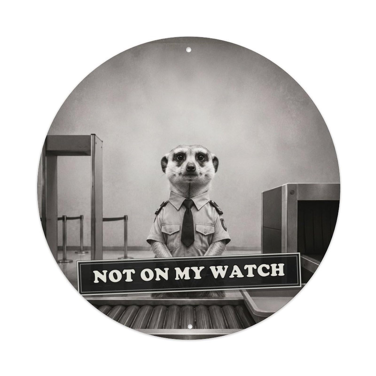 Social Satire Meerkat Security Quirky Animal Anthropomorphic Metal Tin Sign Plaque Wall Decor for Cafe, Man Cave, Club Bar, Office, Home Garden Round Metal Poster 8x8Inch